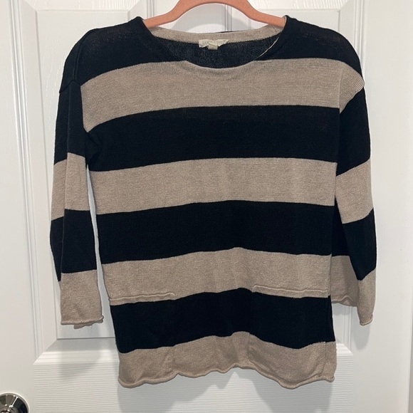 Eileen Fisher Petite Tan Black Stripe Linen Sweater - Picture 2 of 8